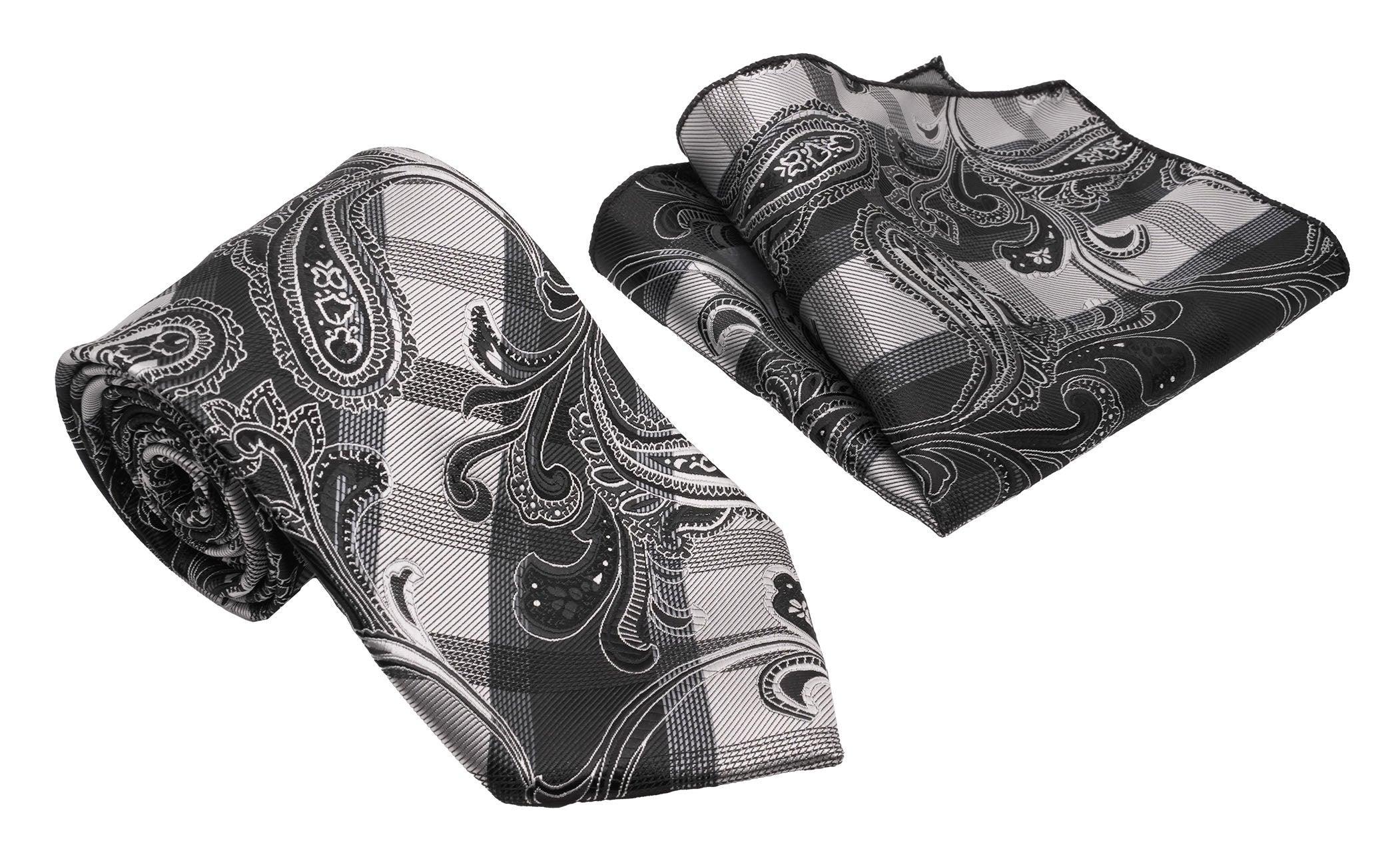 Black Silver Jacobean Plaid Pattern Men's Classic Tie and Pocket Square Set Male Product Image