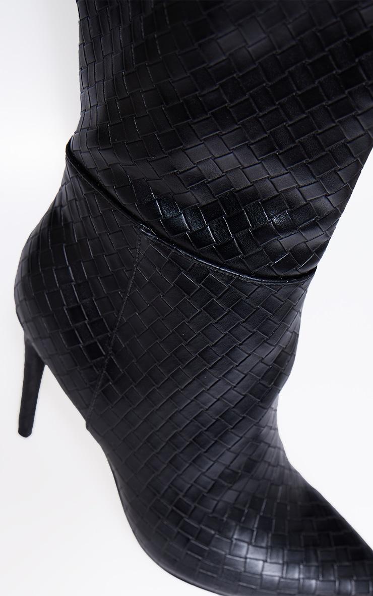 Black Wide Fit Weave Pu Point Toe Over The Knee Heeled Boots Product Image