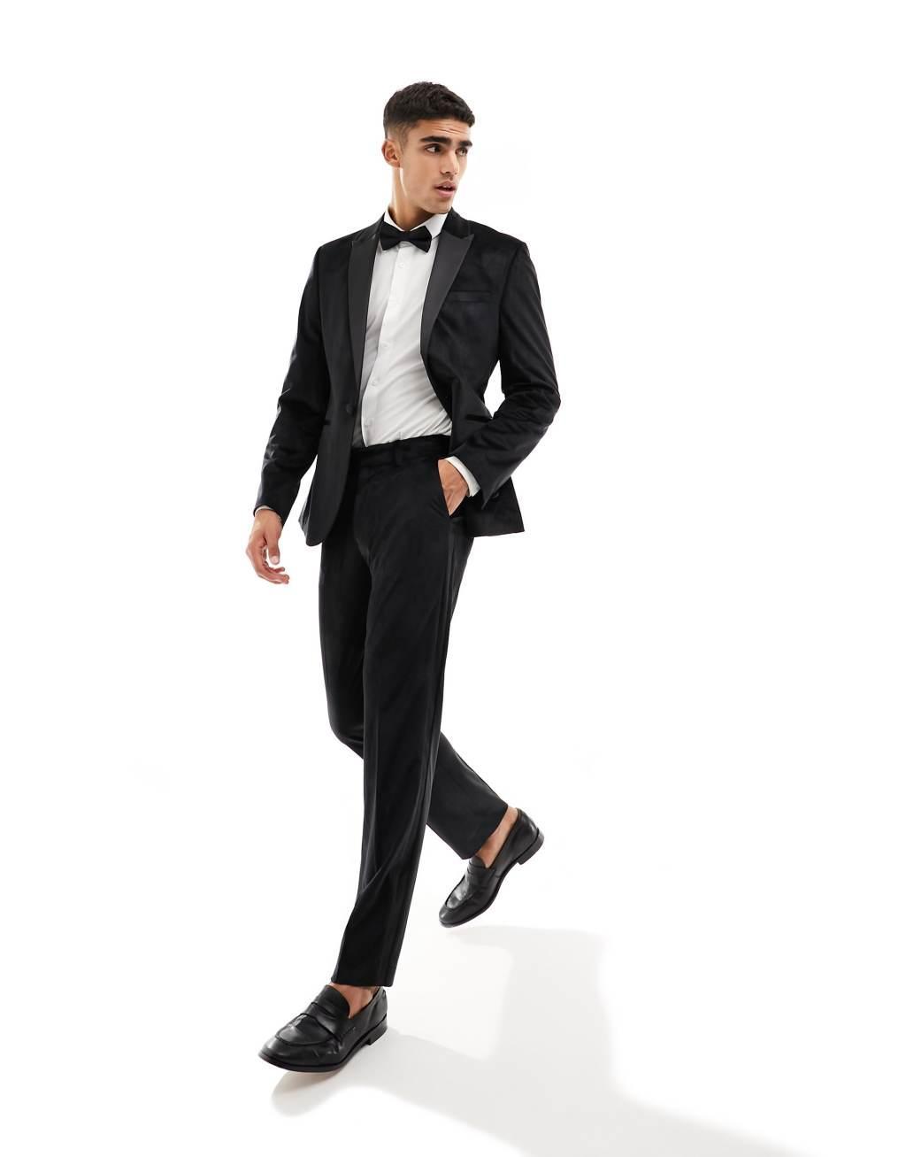 ASOS DESIGN skinny tuxedo suit pants in black velvet Product Image