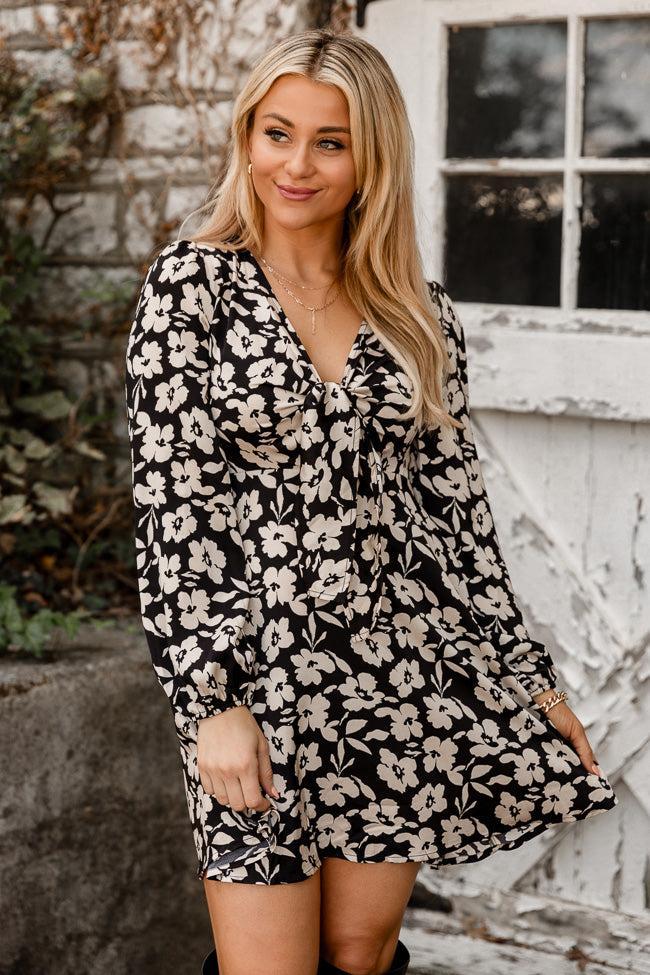 Look Forward To Fun Black Floral Satin Tie Front Long Sleeve Mini Dress FINAL SALE Product Image