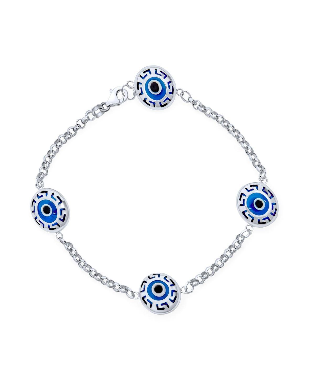 Bling Jewelry Turkish Spiritual Protection Amulet Station Chain Link Greek Motif Evil Eye Charm Bracelet For Women Sterling Silver 7.5 Inch - Blu Product Image