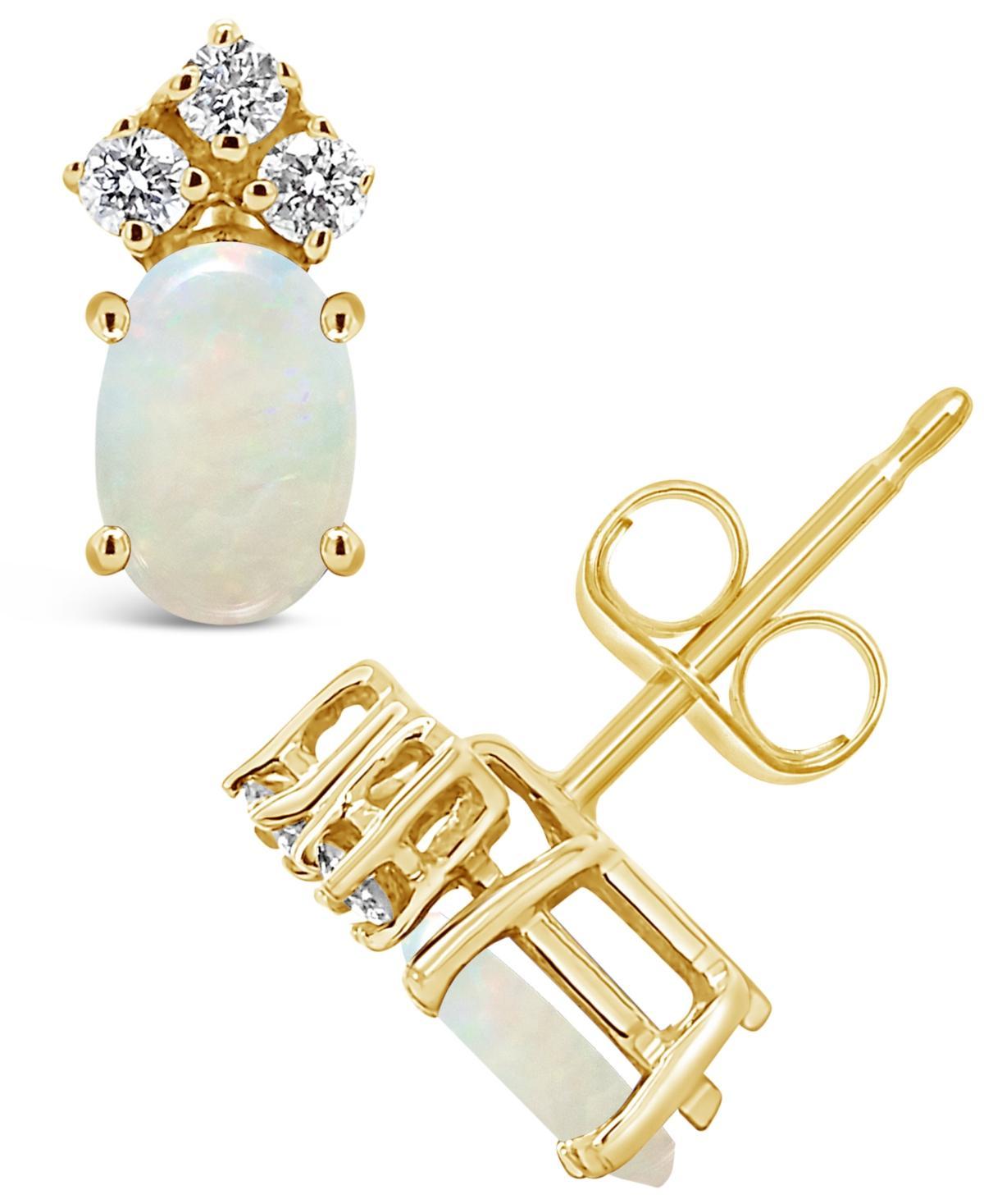 Celebration Gems 14k Gold Oval White Opal & 1/8 Carat T.W. Diamond Stud Earrings, Womens Product Image