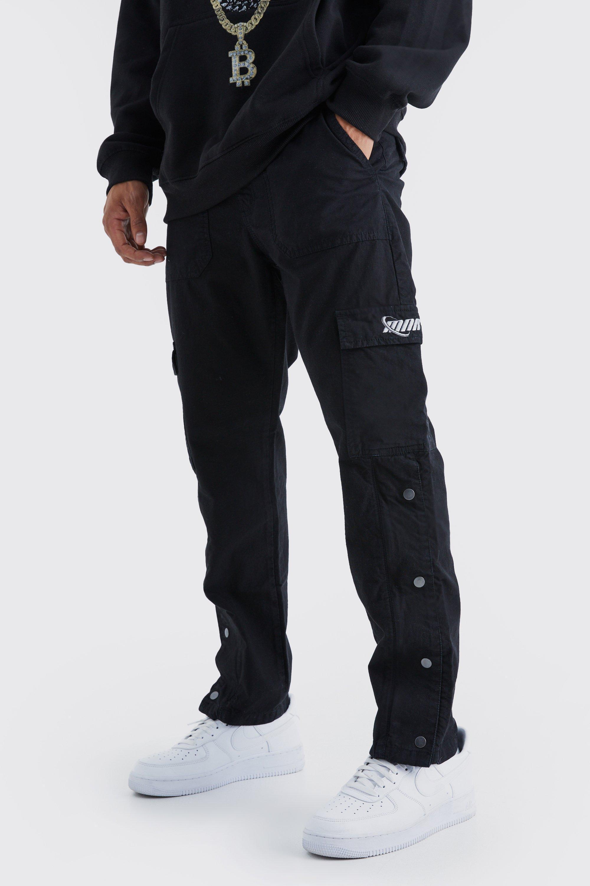 Mens Black Straight Leg Cargo Popper Hem Ripstop Branded Trouser, Black Product Image