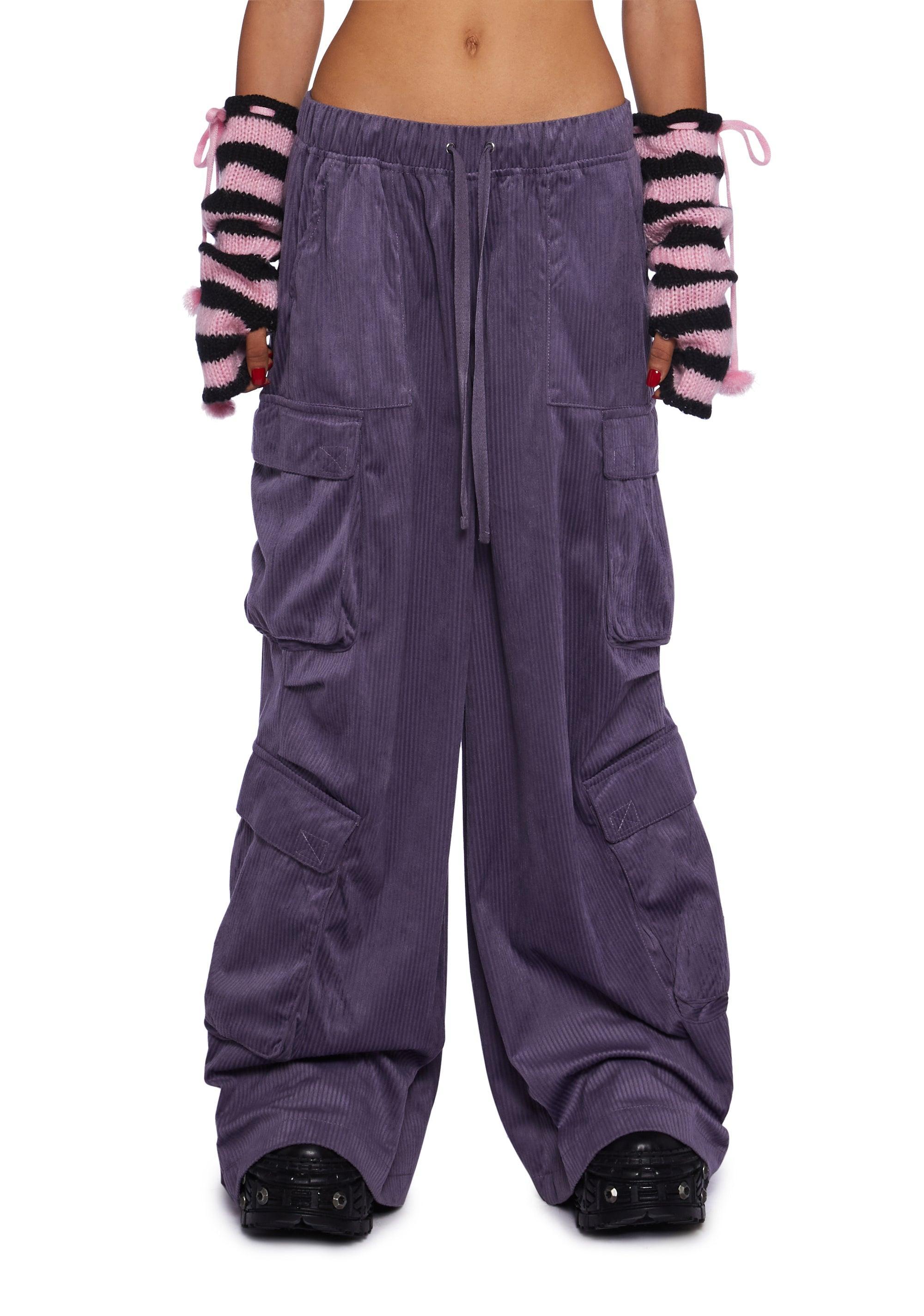 Current Mood Punquetee Punk Rock Soft Corduroy Wide Leg Baggy Cargo Pants - Gray Product Image