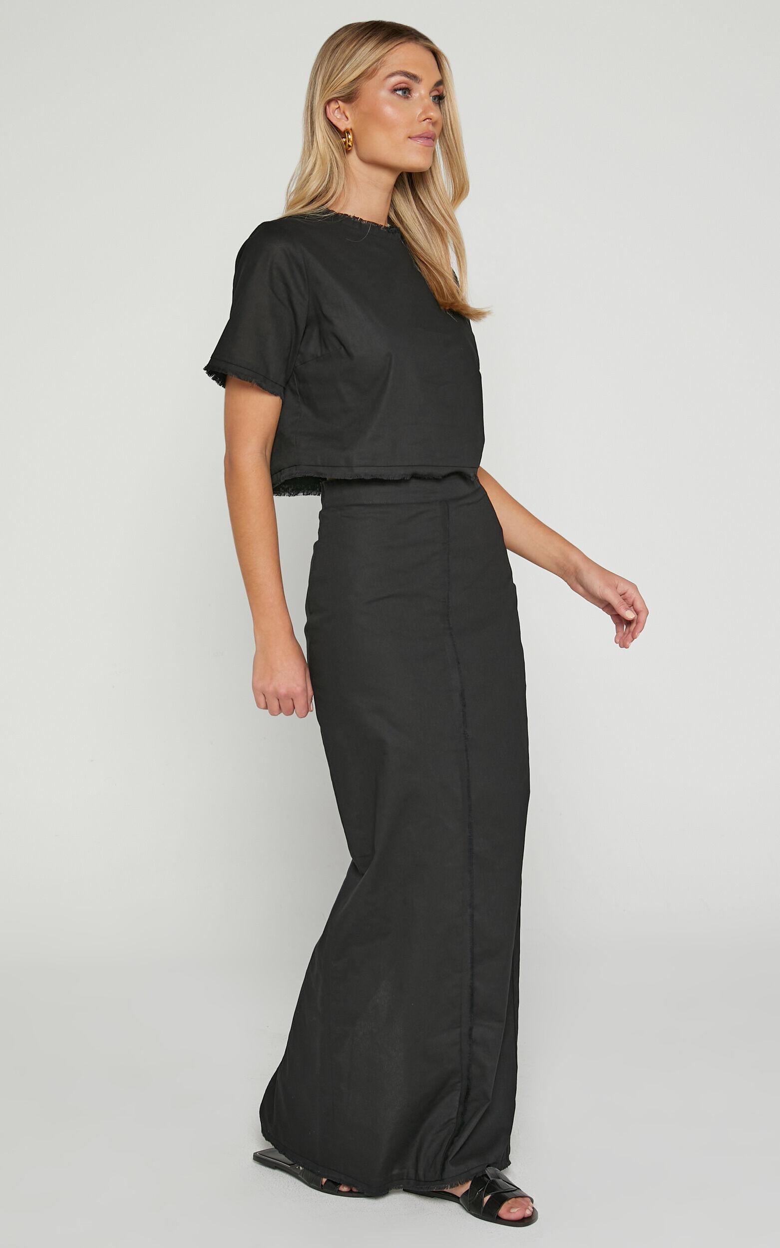 Tisdale Two Piece Set - Linen Look Scoop Neck Short Sleeve Cropped Top and Maxi Skirt in Black Product Image