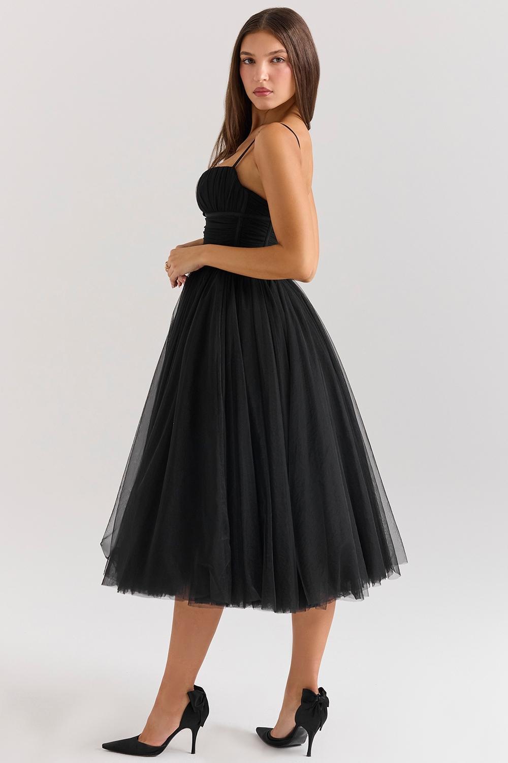 Countess Black Tulle Ruched Bodice Midi Dress Product Image