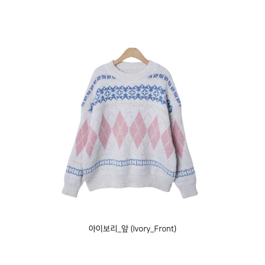 Round Neck Argyle Sweater Product Image