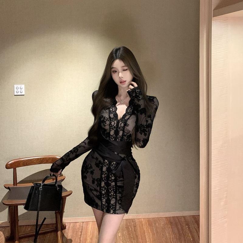 Long-Sleeve V-Neck Tie Waist Lace Bodycon Dress (Various Designs) Product Image