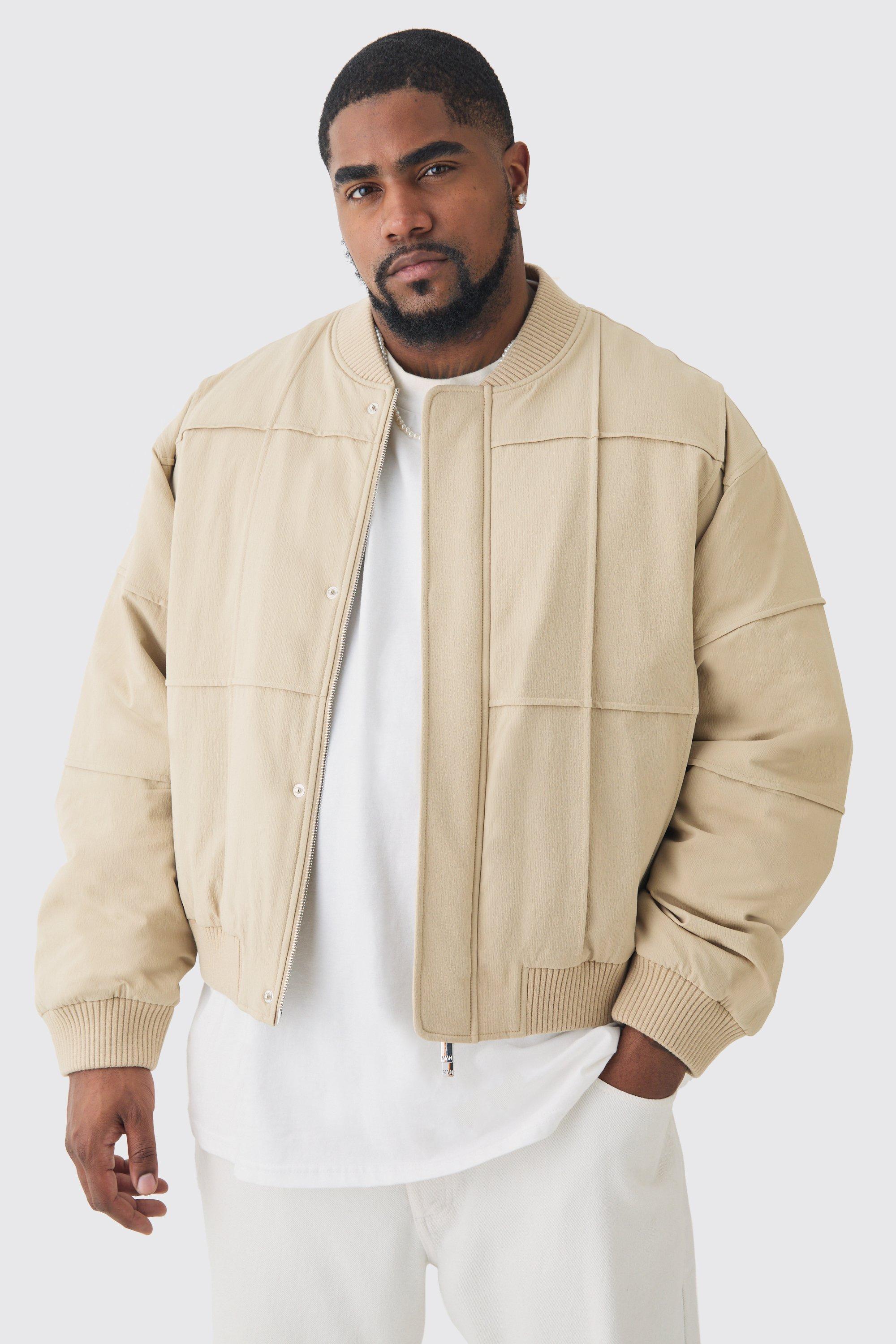 Plus Boxy Panel Padded Nylon Bomber Jacket In Stone | boohooMAN USA Product Image