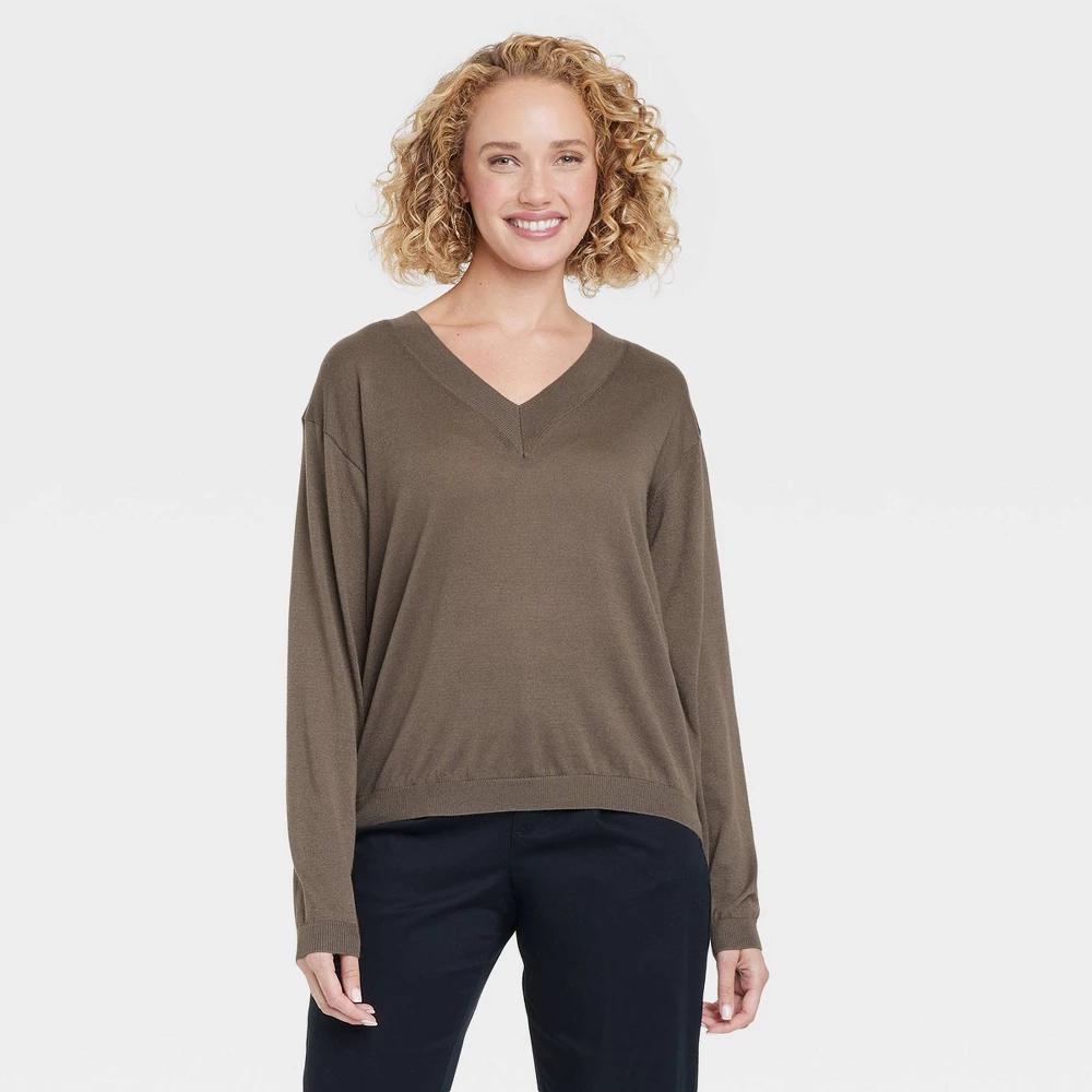 Women's Fine Gauge V-Neck Pullover Sweater - A New Day™ Olive S Product Image