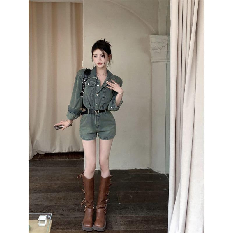 Long-Sleeve Collared Washed Half-Buttoned Denim Romper Product Image