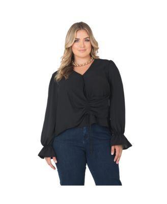 Plus Size Long Flute Sleeve Surplice Neckline Wrap Blouse Product Image