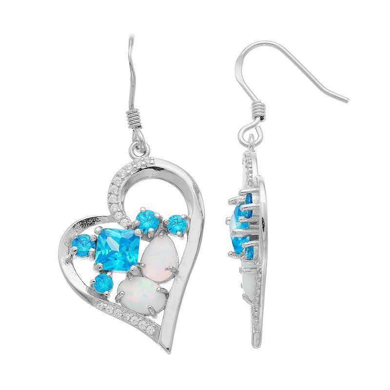 Sterling Silver Lab-Created Opal & Cubic Zirconia Heart Drop Earrings, Womens, Blue Product Image