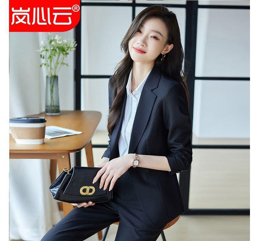 Plain Single-Button Blazer / Shirt / Straight Leg Dress Pants Product Image