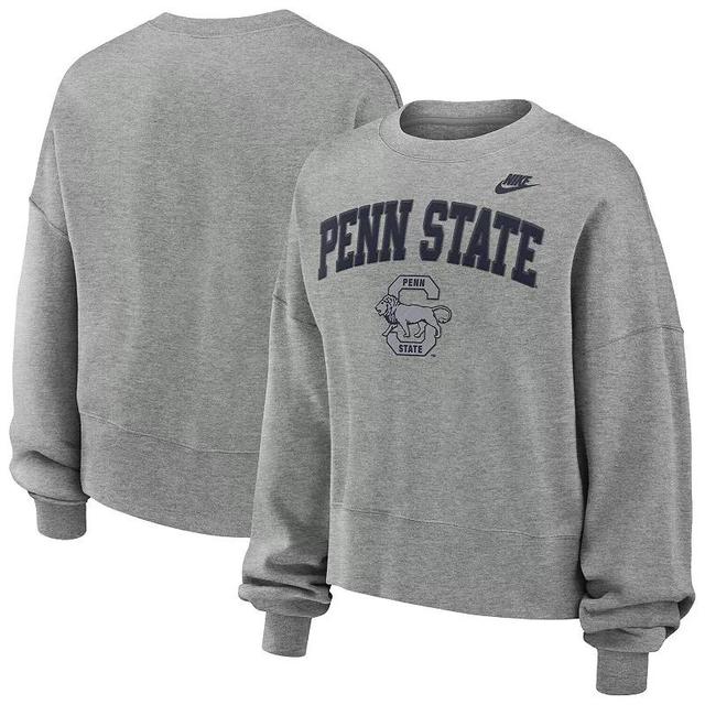 Womens Nike Heather Gray Penn State Nittany Lions Legacy Fleece Classic Arch Oversized Cropped Tackle Twill Sweatshirt Product Image