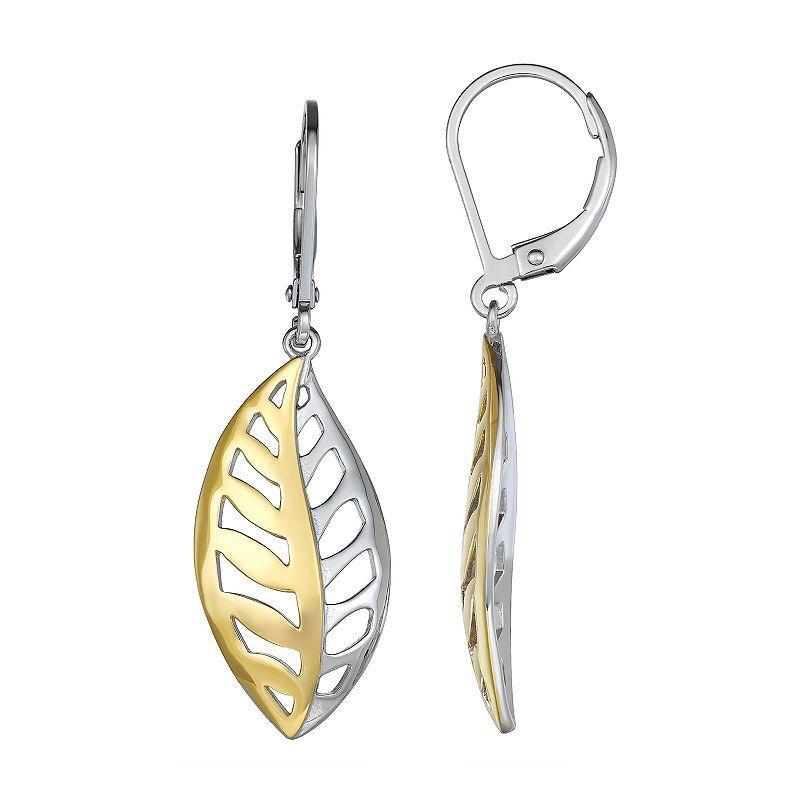 Two Tone Sterling Silver Leaf Leverback Earrings, Womens Product Image