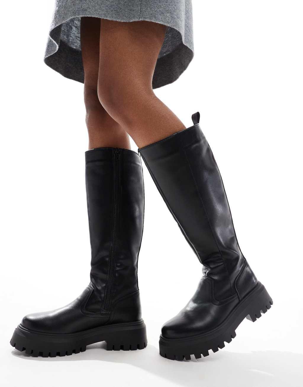 ASOS DESIGN Corey chunky flat knee boots in black Product Image