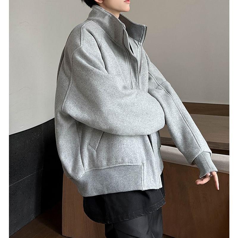 Stand Collar Plain Oversized Zip Up Jacket Product Image