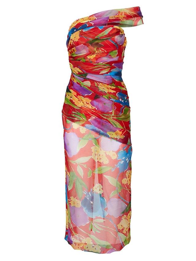 Floral One-Shoulder Ruched Midi Dress with Shoulder Sash Product Image