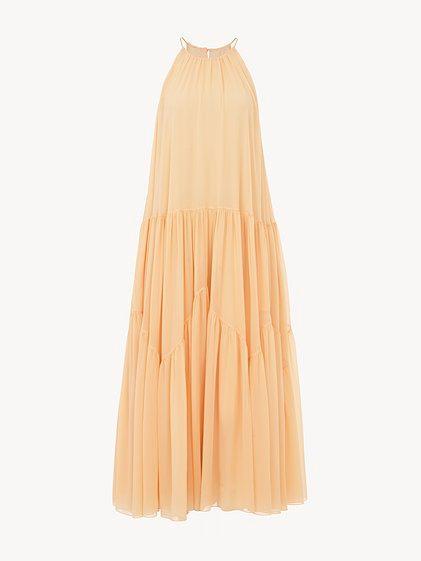 Long gathered sun dress in silk georgette Product Image