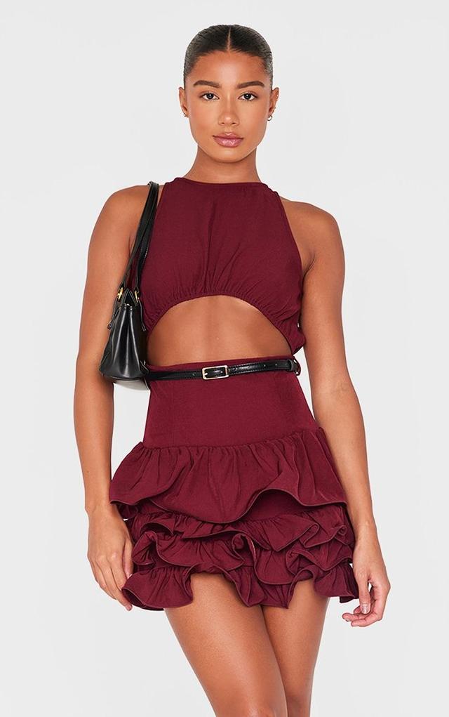 Wine Cut Out Belted Frill Hem Shift Dress Product Image