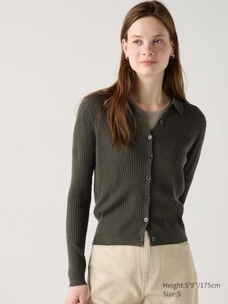 Womens Merino Ribbed Polo Cardigan Olive Medium UNIQLO US Product Image