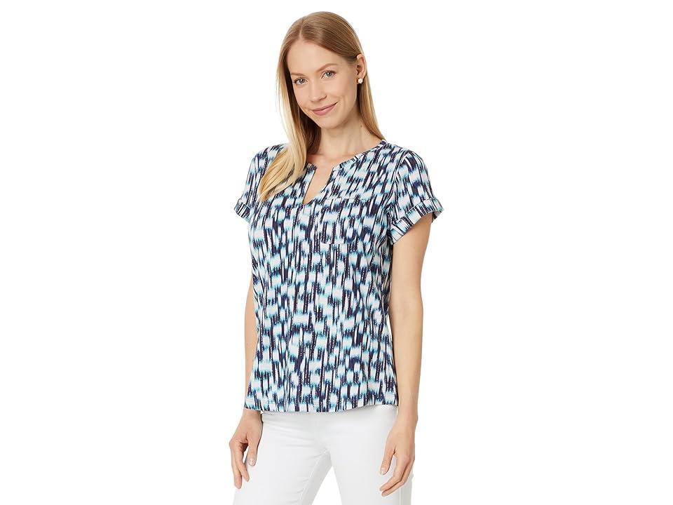 NIC+ZOE Hazy Blues Split Neck Tee Multi) Women's Clothing Product Image