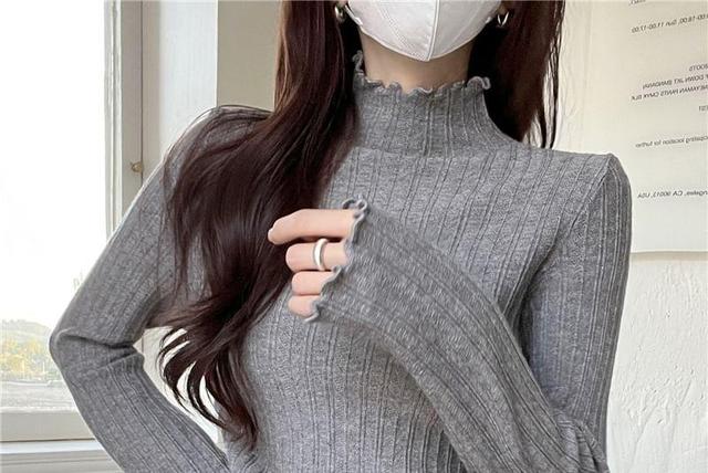 Turtleneck Ruffle Trim Ribbed Knit Top Product Image