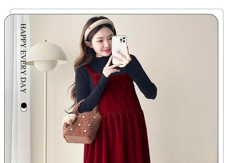 Maternity Long-Sleeve Mock Neck Plain Ribbed Knit Top / Bow Midi A-Line Jumper Dress / Set Product Image