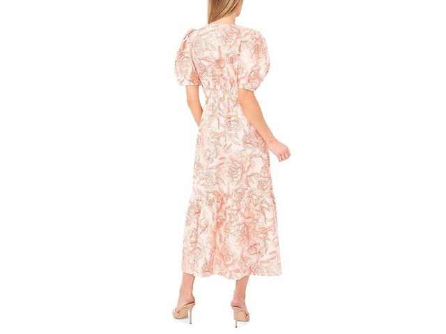 CeCe Printed Linen Puff Sleeve V-Neck Maxi Dress (Sweet Rose) Women's Dress Product Image