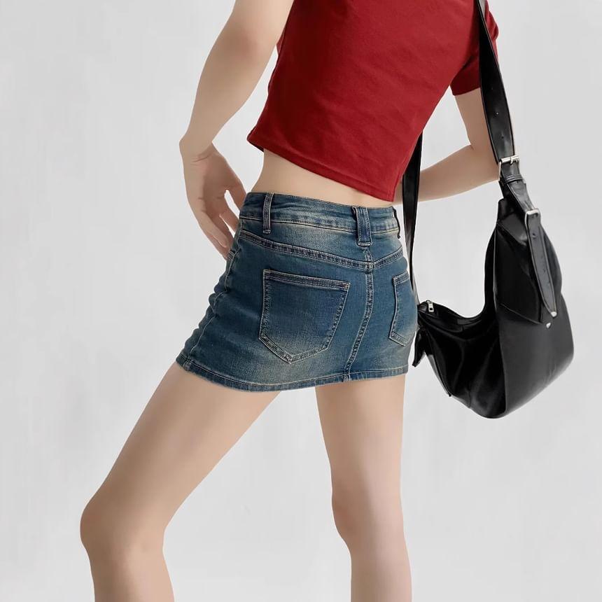 Mid Waist Washed Mini Pencil Denim Skirt Product Image