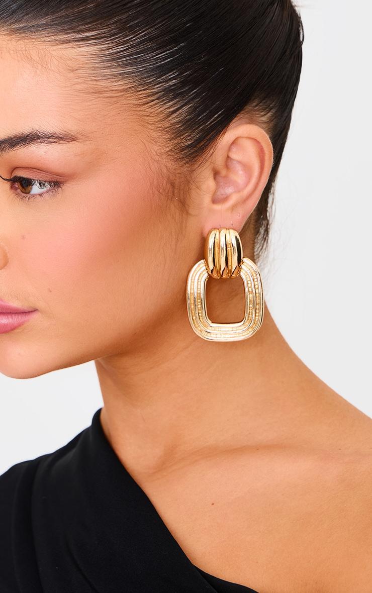 Gold Ribbed Hoop Door Knocker Earrings Product Image