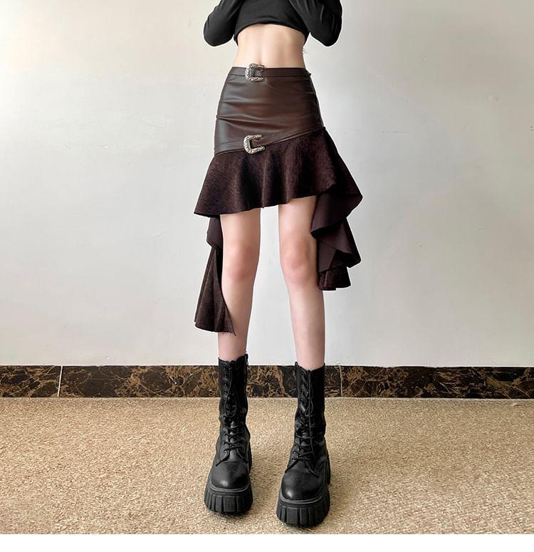 High Rise Plain Buckled Ruffle Asymmetrical Faux Leather Mini Pencil Skirt Product Image