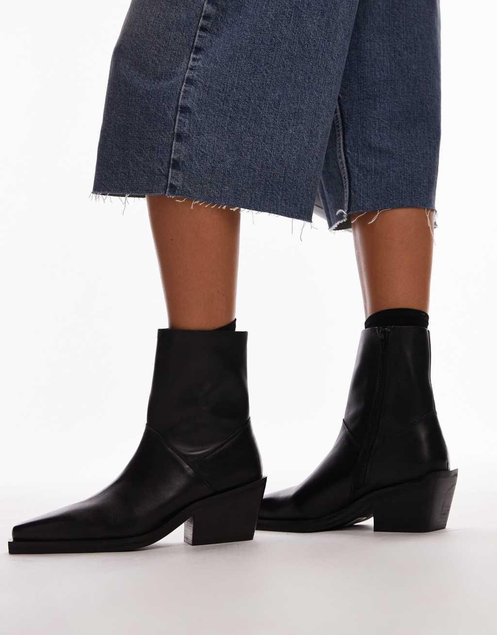 Topshop Maddy leather western boots in black Product Image