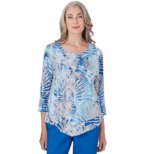 Womens Alfred Dunner Nautilus Seashell Print Long Sleeve Top with Necklace Blue Blue Product Image