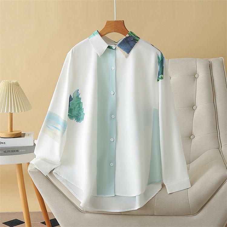 Plus Size Long-Sleeve Print Button-Up Shirt Product Image