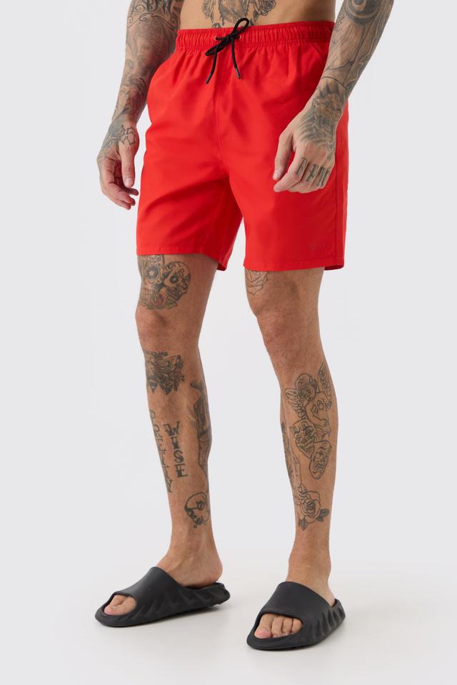 Tall Original Man Mid Length Swim Trunks | boohooMAN USA Product Image