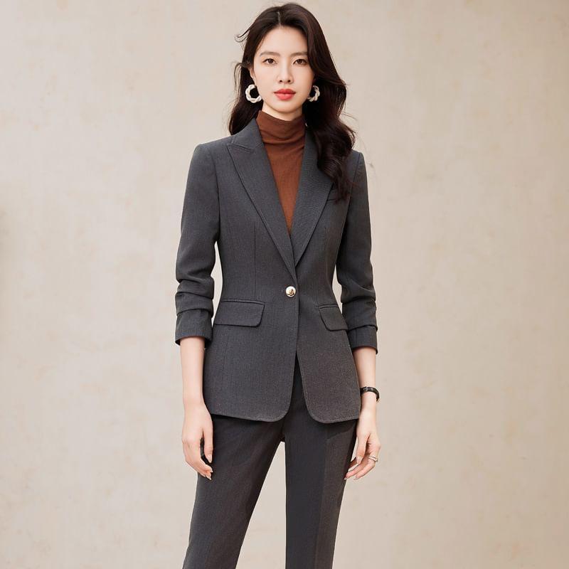 Set: Peak Lapel Plain One-Buttoned Blazer + Mid Rise Flared Dress Pants + Belt Product Image