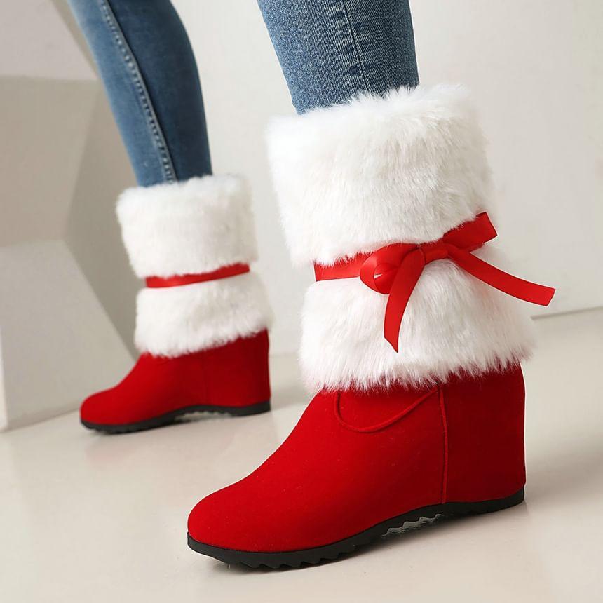 Ribbon Accent Furry Panel Ribbon Accent Short Boots Product Image