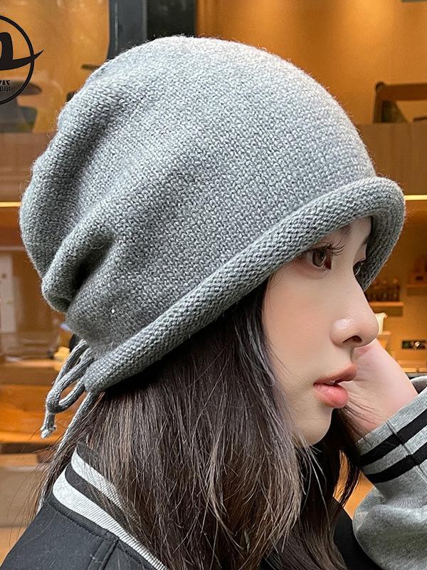 Drawstring Keep Warm Solid Color Tied Knitted Hats Product Image