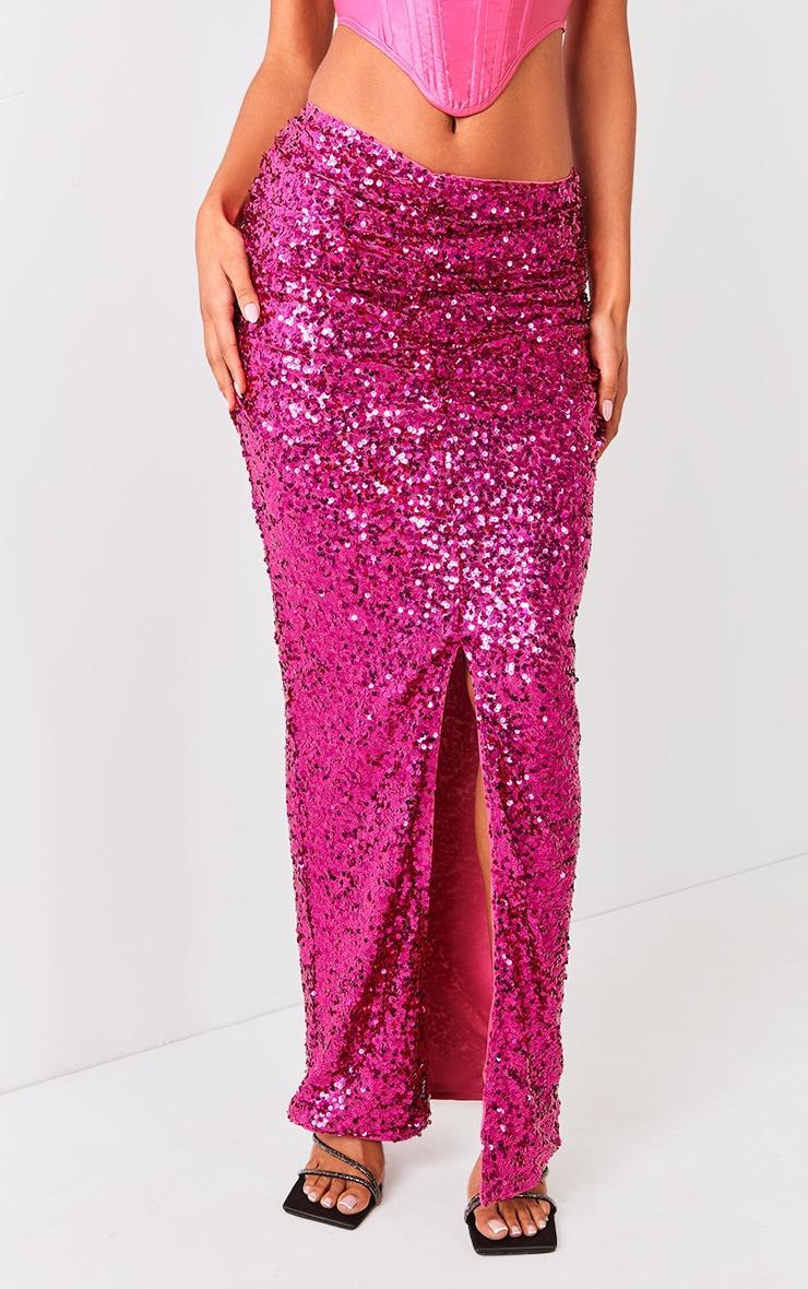 Hot Pink Sequin Ruched Waist Maxi Skirt Product Image