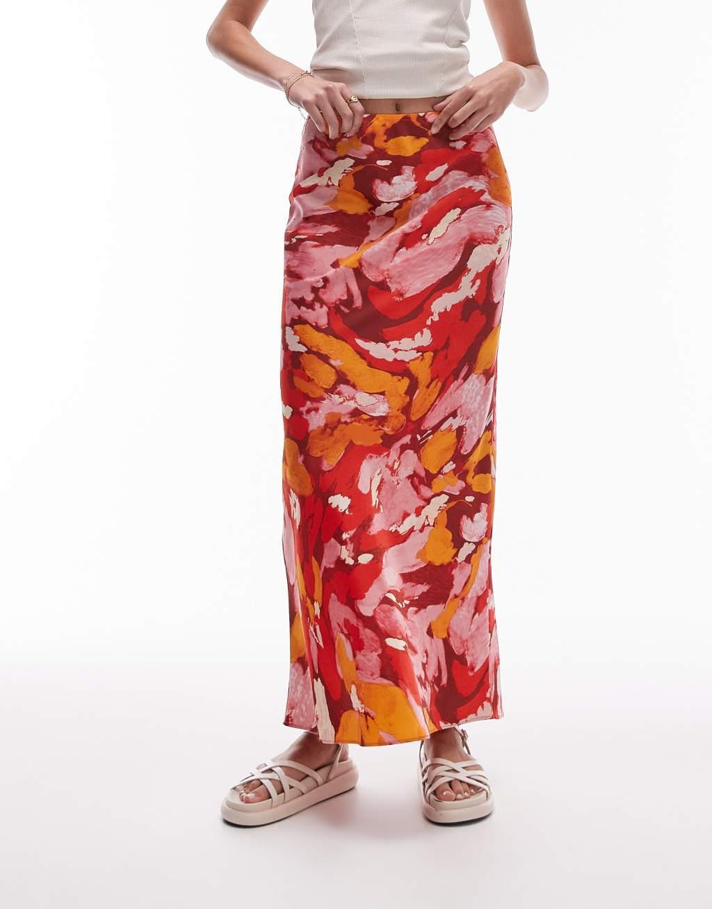 Topshop Tall orange floral print bias maxi skirt in multi Product Image