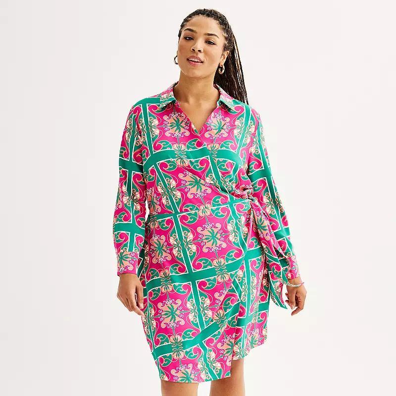 Plus Size INTEMPO Faux-Wrap Shirt Dress, Womens Blue Product Image