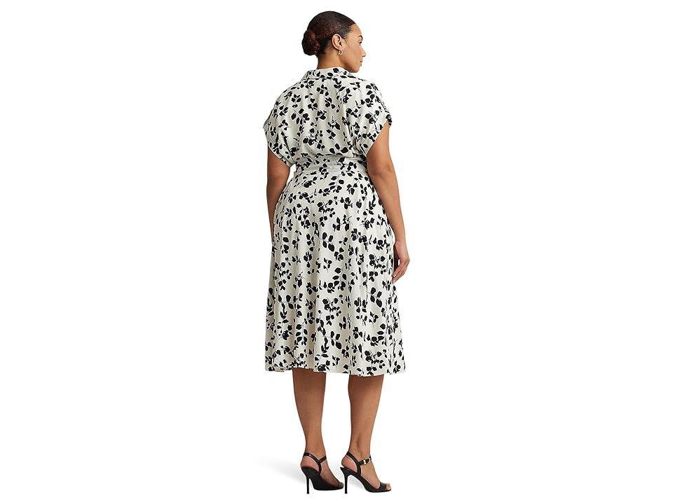 Lauren Ralph Lauren Plus-Size Leaf-Print Belted Crepe Dress (Cream/Black) Women's Dress Product Image