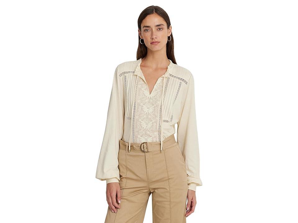 Lauren Ralph Lauren Embroidered Jersey Tie-Neck Top (Mascarpone Cream) Women's Clothing Product Image