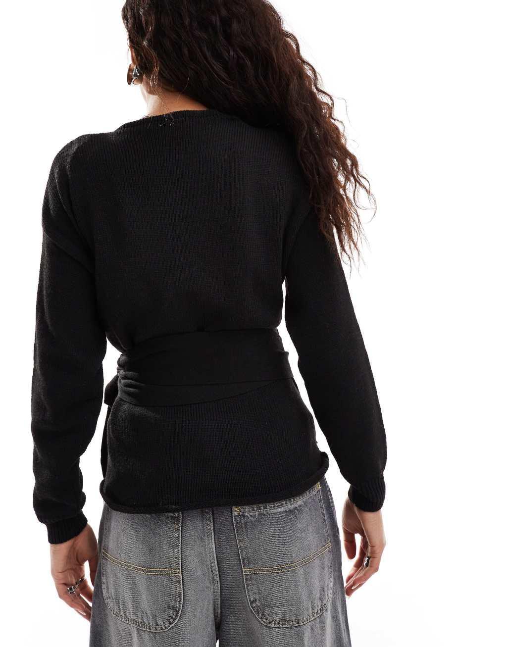 Glamorous wrap front sweater in black knit Product Image