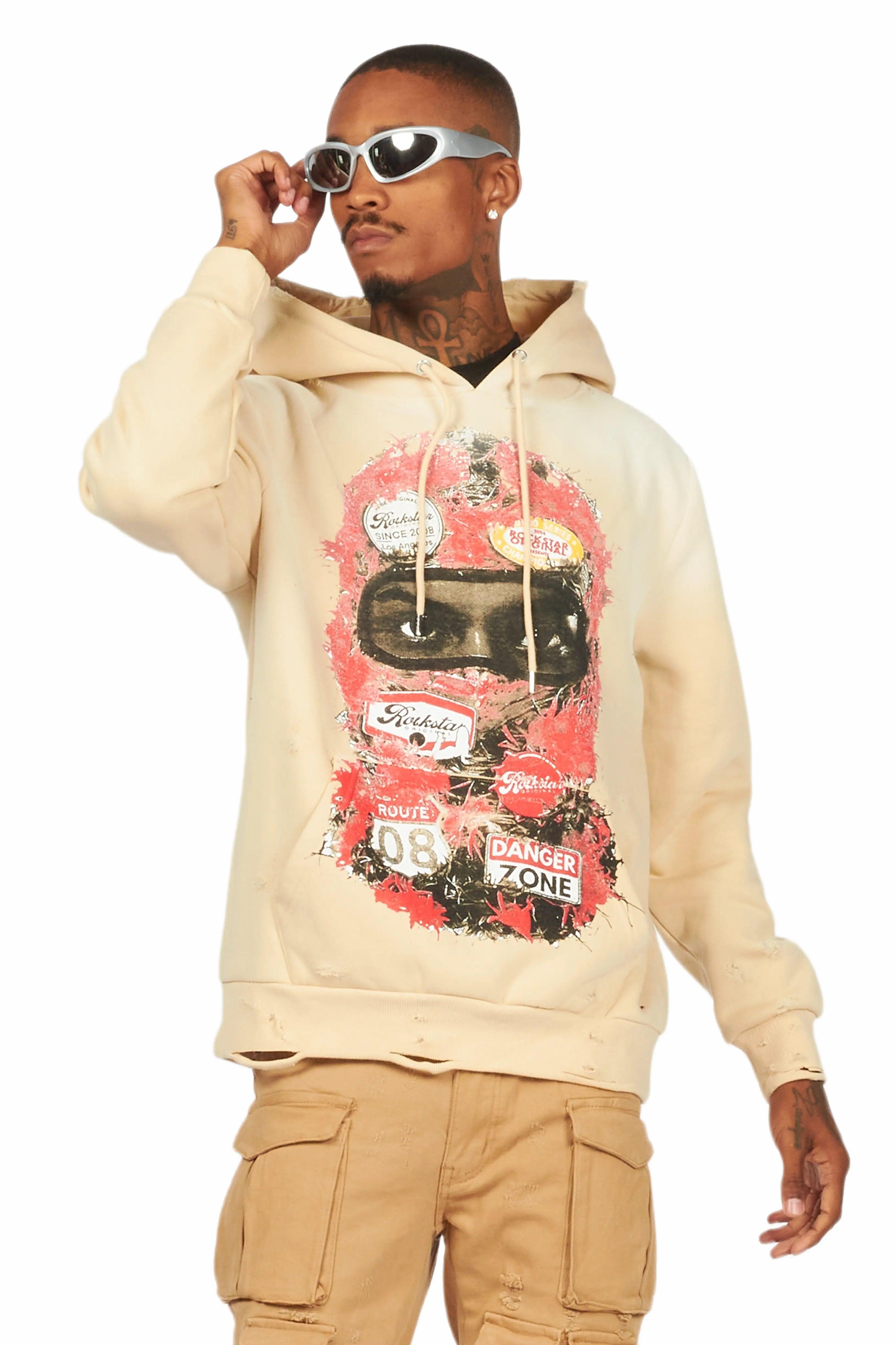 Lemar Beige Distressed Graphic Hoodie Male Product Image