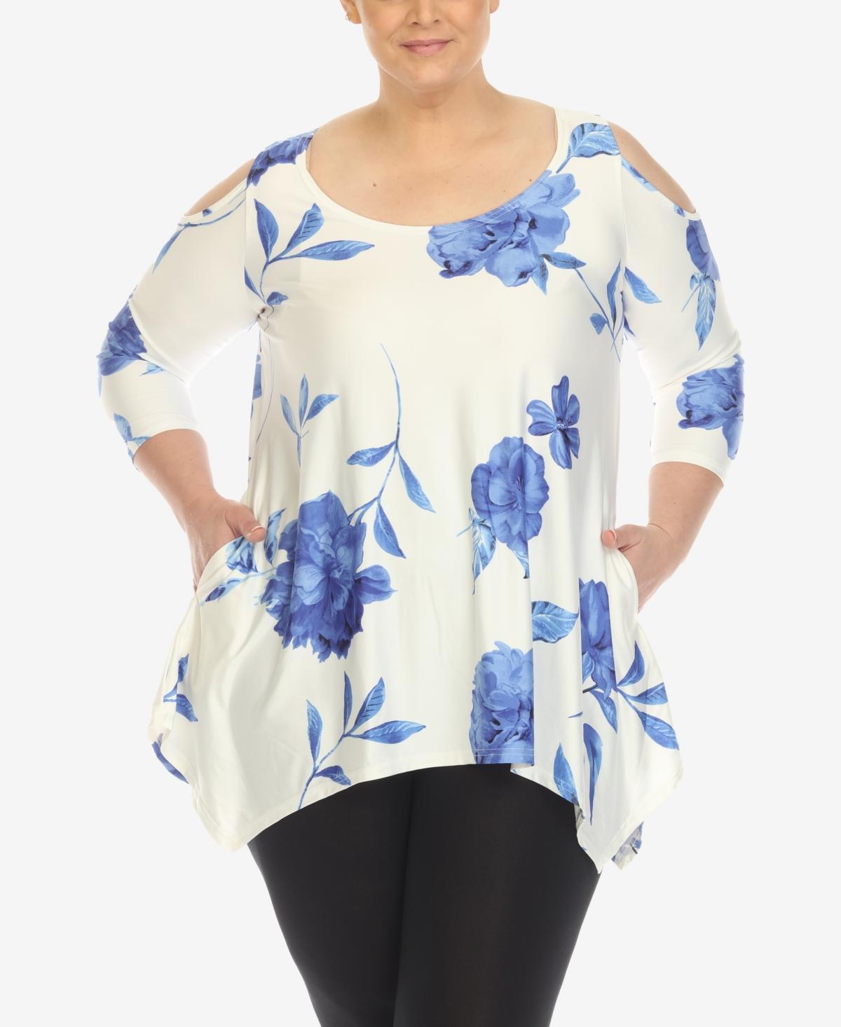 White Mark Plus Size Floral Printed Cold Shoulder Tunic Top - White Product Image