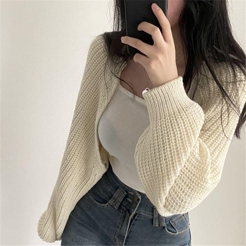 Plain Chunky Knit Open Front Crop Cardigan Product Image