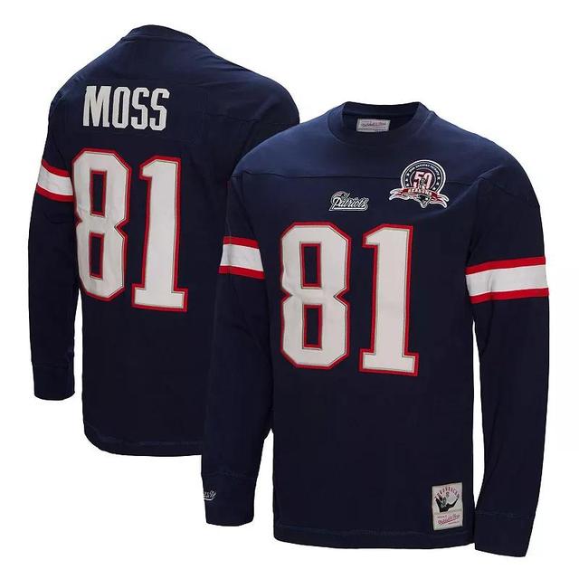 Mens Mitchell & Ness Randy Moss New England Patriots Retired Player Name & Number Long Sleeve Top Blue Product Image